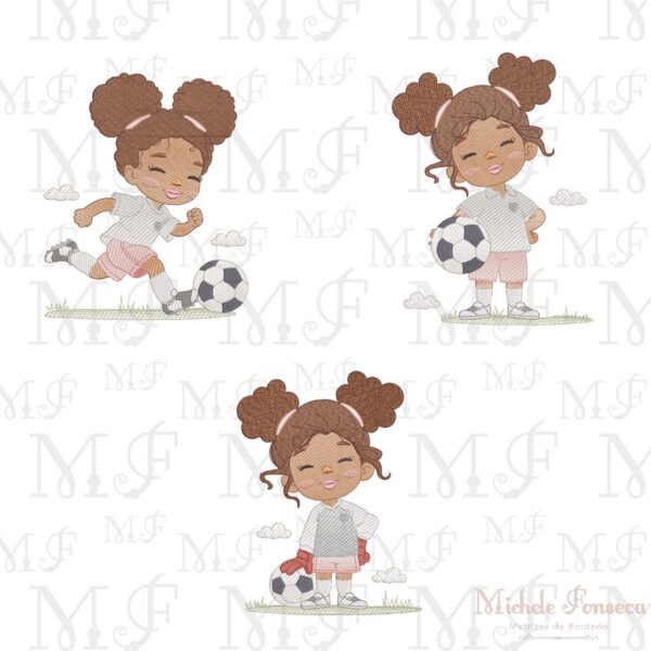 Trio de matrizes de bordado Menina morena futebol