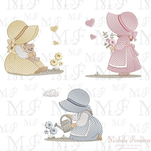 Trio de matrizes de bordado Meninas Sunbonnet